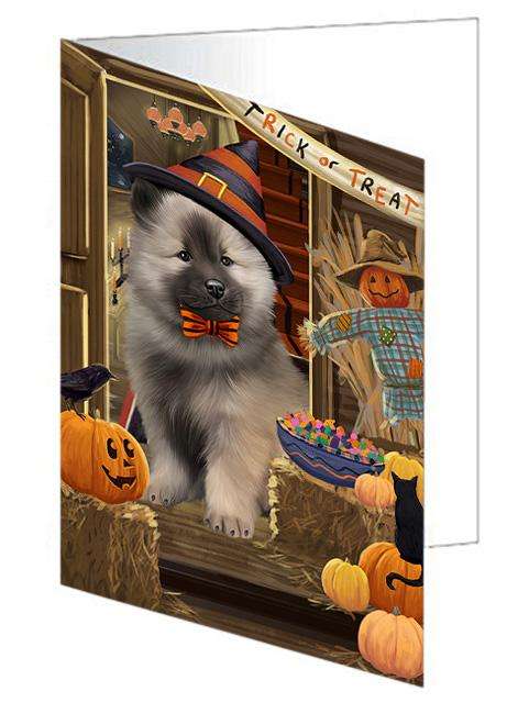 Enter at Own Risk Trick or Treat Halloween Keeshond Dog Handmade Artwork Assorted Pets Greeting Cards and Note Cards with Envelopes for All Occasions and Holiday Seasons GCD63548