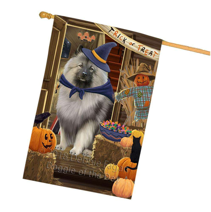 Enter at Own Risk Trick or Treat Halloween Keeshond Dog House Flag FLG53367