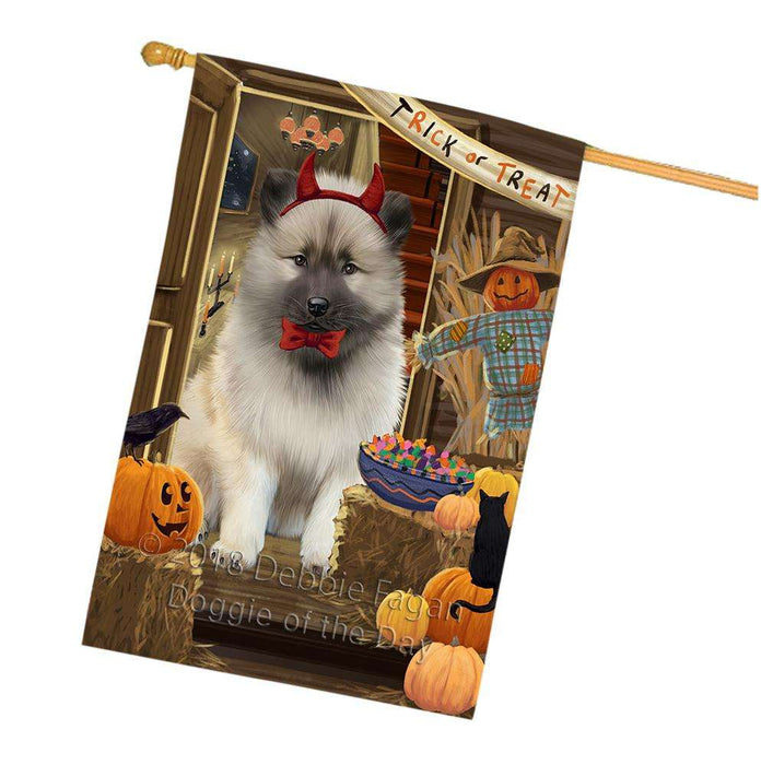 Enter at Own Risk Trick or Treat Halloween Keeshond Dog House Flag FLG53370