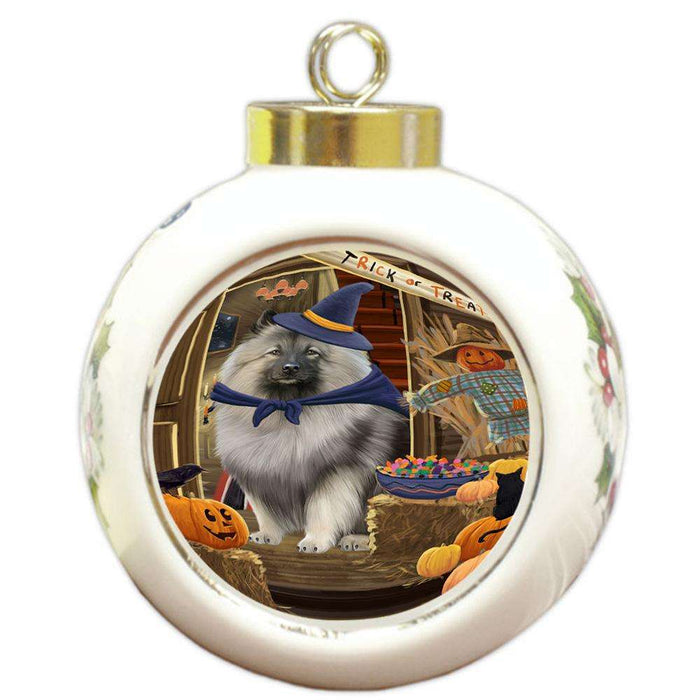 Enter at Own Risk Trick or Treat Halloween Keeshond Dog Round Ball Christmas Ornament RBPOR53169