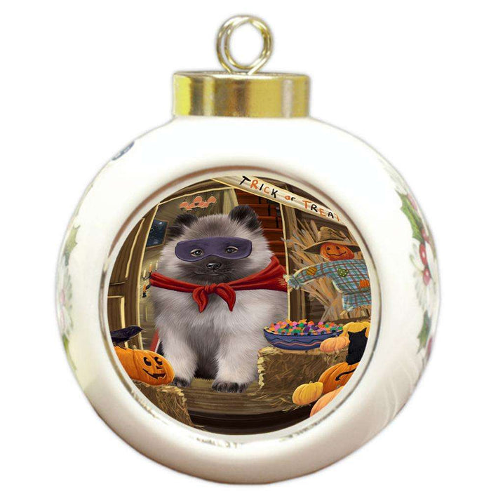 Enter at Own Risk Trick or Treat Halloween Keeshond Dog Round Ball Christmas Ornament RBPOR53170