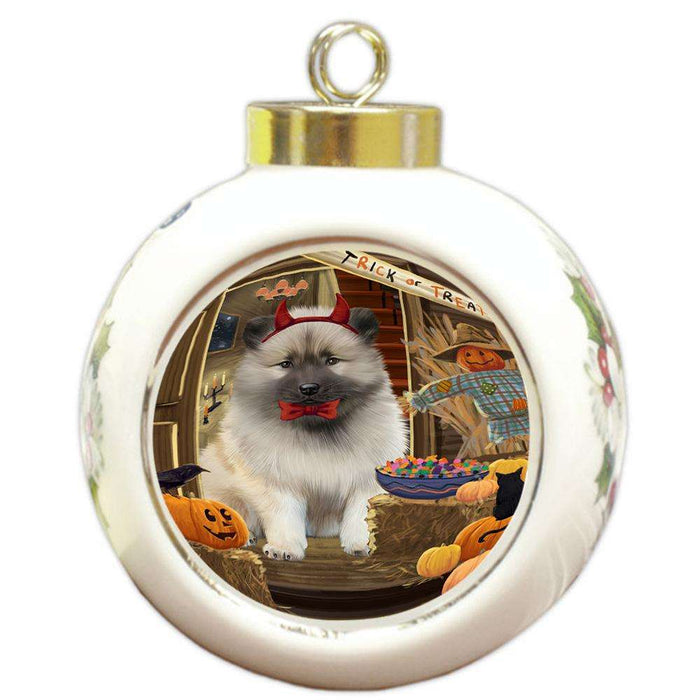 Enter at Own Risk Trick or Treat Halloween Keeshond Dog Round Ball Christmas Ornament RBPOR53172