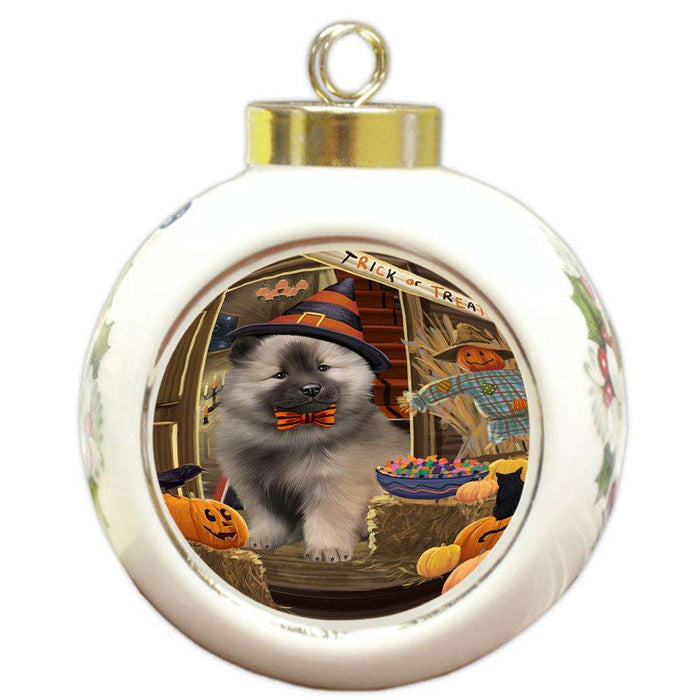 Enter at Own Risk Trick or Treat Halloween Keeshond Dog Round Ball Christmas Ornament RBPOR53173