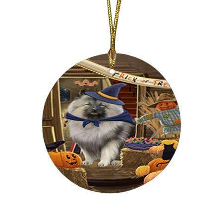 Enter at Own Risk Trick or Treat Halloween Keeshond Dog Round Flat Christmas Ornament RFPOR53160