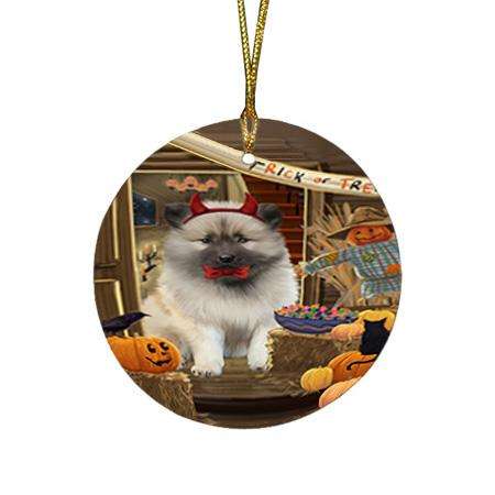 Enter at Own Risk Trick or Treat Halloween Keeshond Dog Round Flat Christmas Ornament RFPOR53163