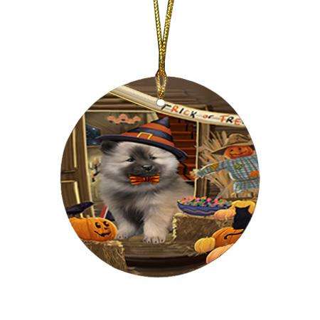 Enter at Own Risk Trick or Treat Halloween Keeshond Dog Round Flat Christmas Ornament RFPOR53164