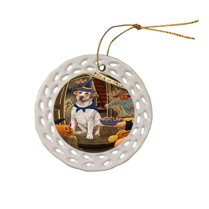Enter at Own Risk Trick or Treat Halloween Labrador Retriever Dog Ceramic Doily Ornament DPOR53174