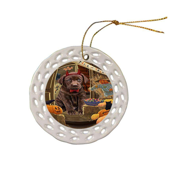 Enter at Own Risk Trick or Treat Halloween Labrador Retriever Dog Ceramic Doily Ornament DPOR53177