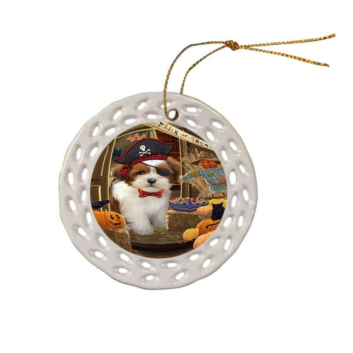Enter at Own Risk Trick or Treat Halloween Lhasa Apso Dog Ceramic Doily Ornament DPOR53181