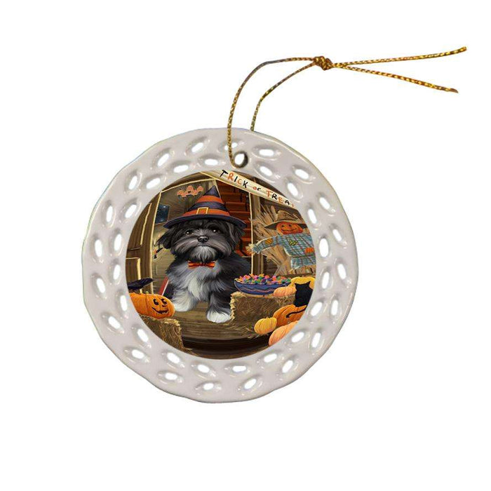 Enter at Own Risk Trick or Treat Halloween Lhasa Apso Dog Ceramic Doily Ornament DPOR53183