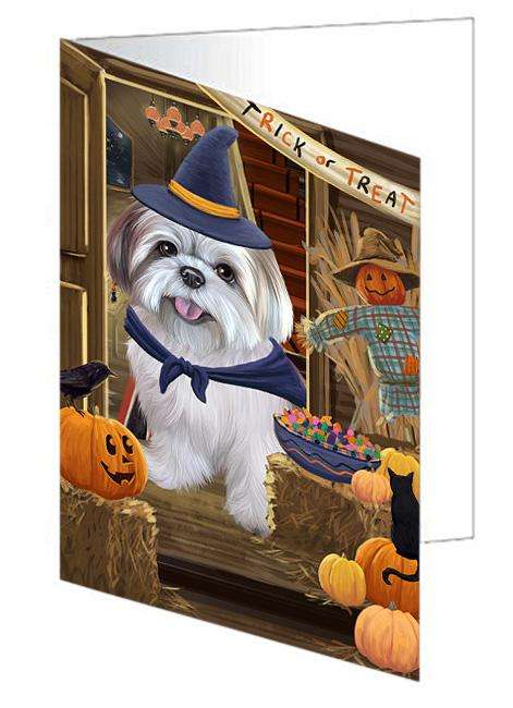 Enter at Own Risk Trick or Treat Halloween Lhasa Apso Dog Handmade Artwork Assorted Pets Greeting Cards and Note Cards with Envelopes for All Occasions and Holiday Seasons GCD63566