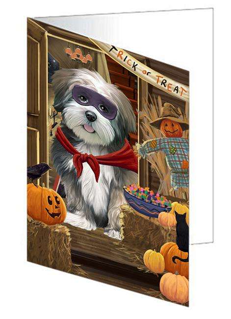 Enter at Own Risk Trick or Treat Halloween Lhasa Apso Dog Handmade Artwork Assorted Pets Greeting Cards and Note Cards with Envelopes for All Occasions and Holiday Seasons GCD63569