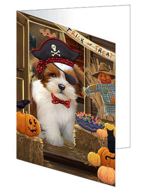 Enter at Own Risk Trick or Treat Halloween Lhasa Apso Dog Handmade Artwork Assorted Pets Greeting Cards and Note Cards with Envelopes for All Occasions and Holiday Seasons GCD63572