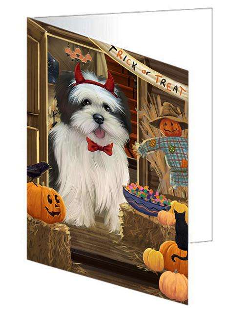 Enter at Own Risk Trick or Treat Halloween Lhasa Apso Dog Handmade Artwork Assorted Pets Greeting Cards and Note Cards with Envelopes for All Occasions and Holiday Seasons GCD63575