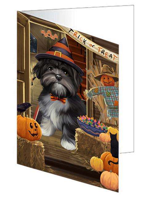 Enter at Own Risk Trick or Treat Halloween Lhasa Apso Dog Handmade Artwork Assorted Pets Greeting Cards and Note Cards with Envelopes for All Occasions and Holiday Seasons GCD63578