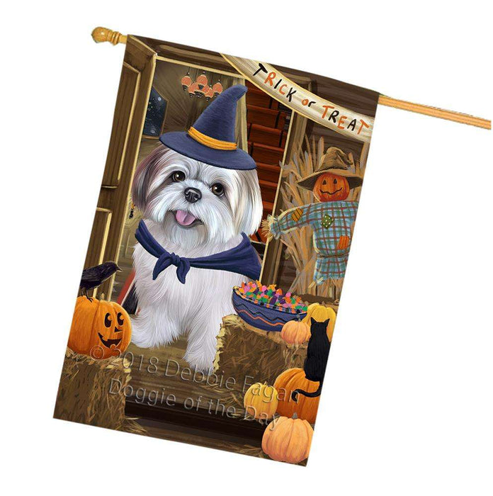 Enter at Own Risk Trick or Treat Halloween Lhasa Apso Dog House Flag FLG53377