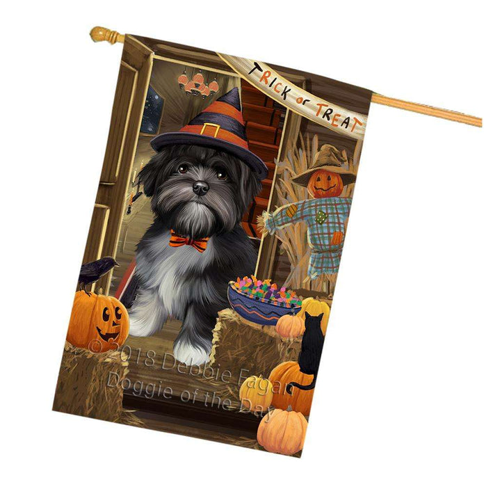 Enter at Own Risk Trick or Treat Halloween Lhasa Apso Dog House Flag FLG53381
