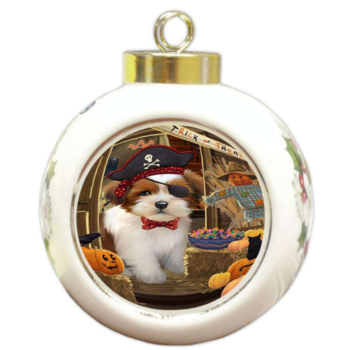 Enter at Own Risk Trick or Treat Halloween Lhasa Apso Dog Round Ball Christmas Ornament RBPOR53181