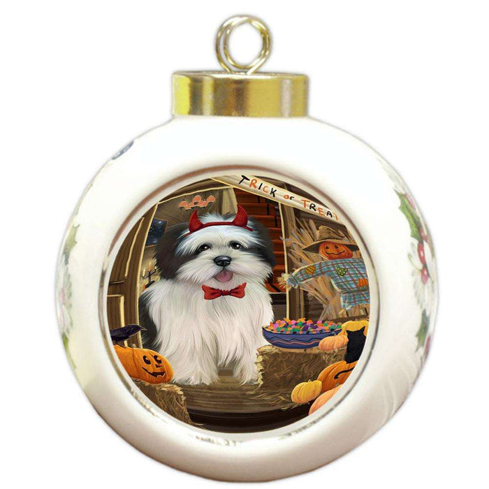 Enter at Own Risk Trick or Treat Halloween Lhasa Apso Dog Round Ball Christmas Ornament RBPOR53182