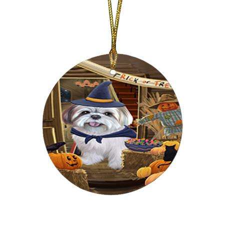 Enter at Own Risk Trick or Treat Halloween Lhasa Apso Dog Round Flat Christmas Ornament RFPOR53170
