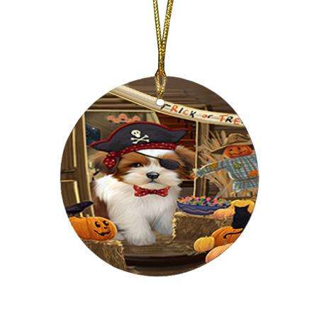 Enter at Own Risk Trick or Treat Halloween Lhasa Apso Dog Round Flat Christmas Ornament RFPOR53172