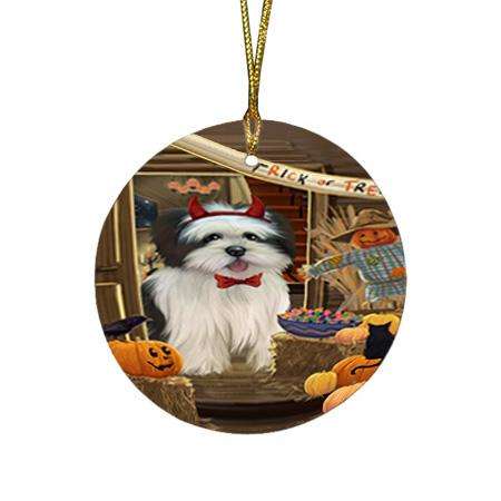 Enter at Own Risk Trick or Treat Halloween Lhasa Apso Dog Round Flat Christmas Ornament RFPOR53173