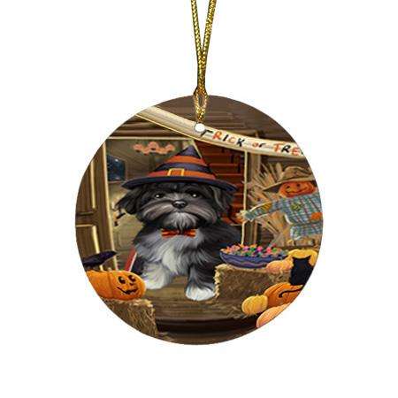 Enter at Own Risk Trick or Treat Halloween Lhasa Apso Dog Round Flat Christmas Ornament RFPOR53174
