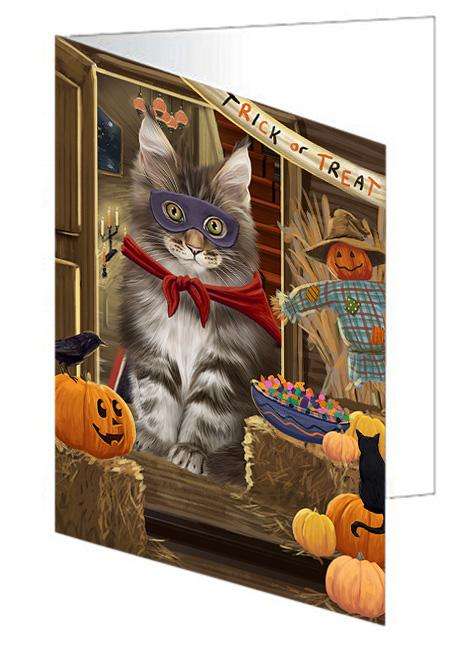 Enter at Own Risk Trick or Treat Halloween Maine Coon Cat Handmade Artwork Assorted Pets Greeting Cards and Note Cards with Envelopes for All Occasions and Holiday Seasons GCD63584