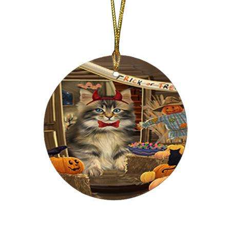 Enter at Own Risk Trick or Treat Halloween Maine Coon Cat Round Flat Christmas Ornament RFPOR53178