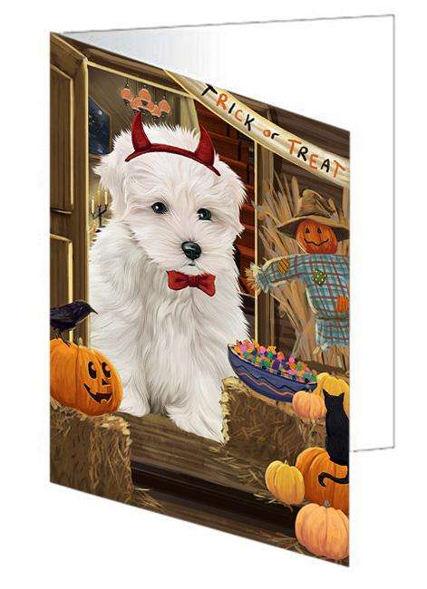 Enter at Own Risk Trick or Treat Halloween Maltese Dog Handmade Artwork Assorted Pets Greeting Cards and Note Cards with Envelopes for All Occasions and Holiday Seasons GCD63605