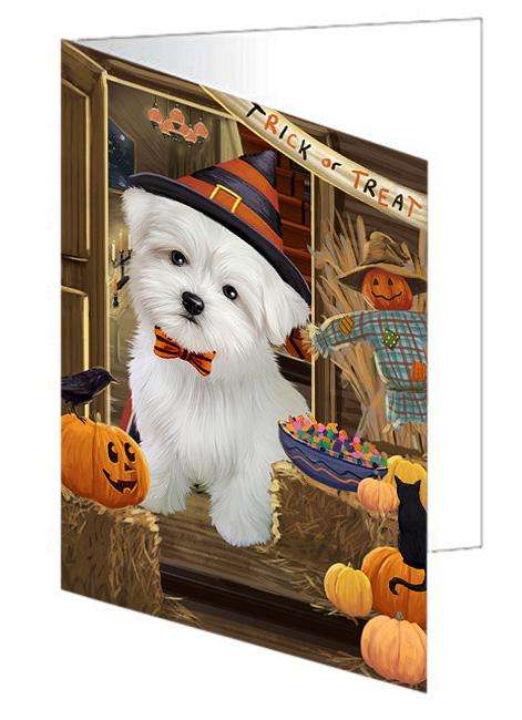 Enter at Own Risk Trick or Treat Halloween Maltese Dog Handmade Artwork Assorted Pets Greeting Cards and Note Cards with Envelopes for All Occasions and Holiday Seasons GCD63608
