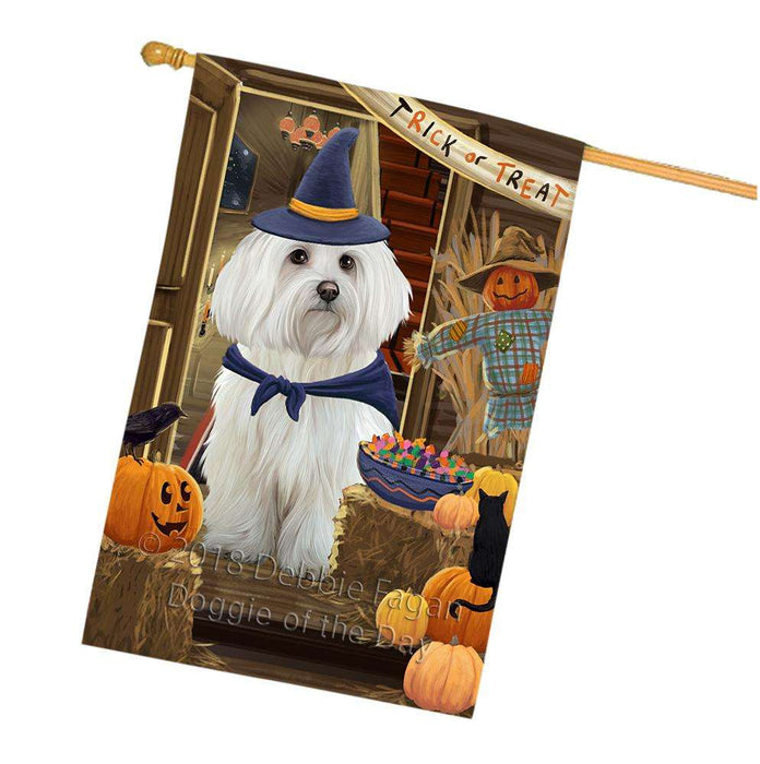 Enter at Own Risk Trick or Treat Halloween Maltese Dog House Flag FLG53387