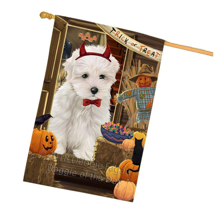 Enter at Own Risk Trick or Treat Halloween Maltese Dog House Flag FLG53390
