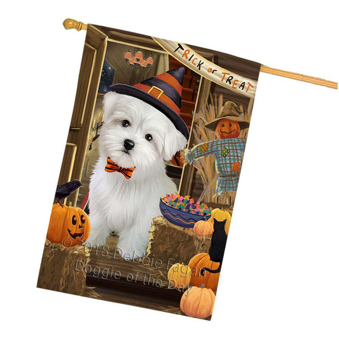 Enter at Own Risk Trick or Treat Halloween Maltese Dog House Flag FLG53391