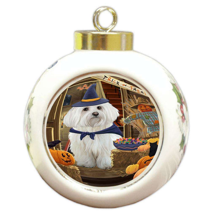 Enter at Own Risk Trick or Treat Halloween Maltese Dog Round Ball Christmas Ornament RBPOR53189
