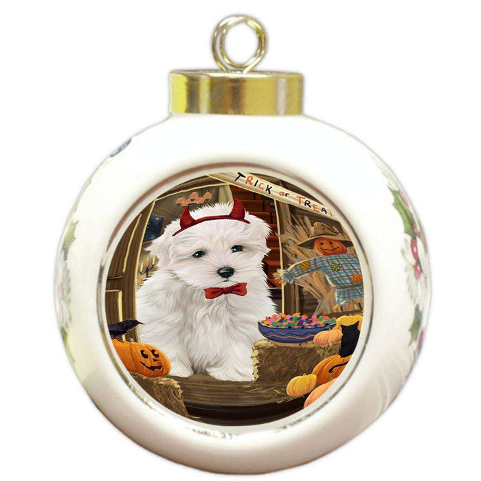 Enter at Own Risk Trick or Treat Halloween Maltese Dog Round Ball Christmas Ornament RBPOR53192