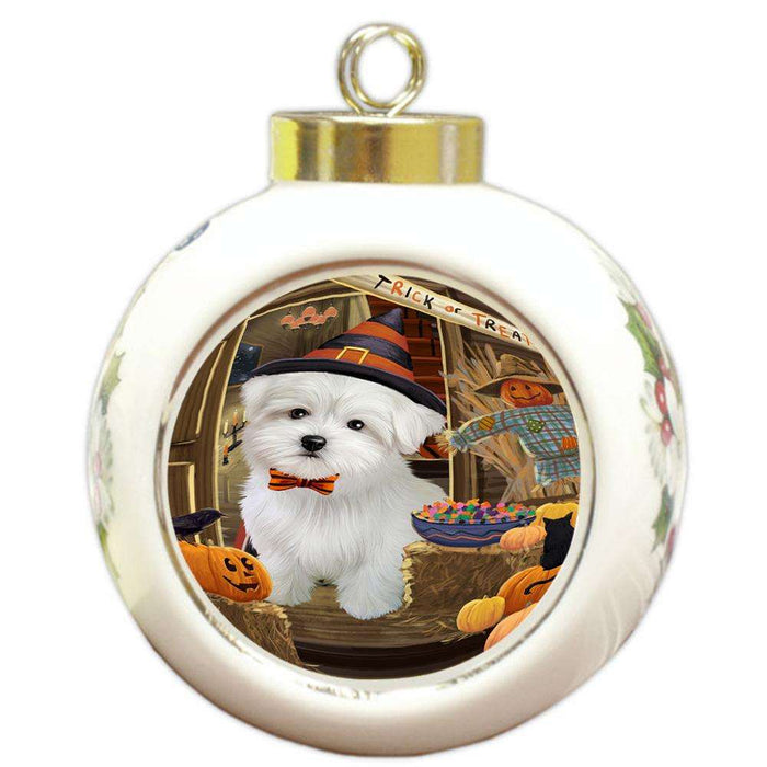 Enter at Own Risk Trick or Treat Halloween Maltese Dog Round Ball Christmas Ornament RBPOR53193