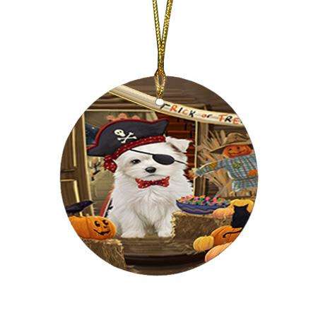 Enter at Own Risk Trick or Treat Halloween Maltese Dog Round Flat Christmas Ornament RFPOR53182
