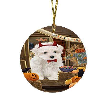 Enter at Own Risk Trick or Treat Halloween Maltese Dog Round Flat Christmas Ornament RFPOR53183