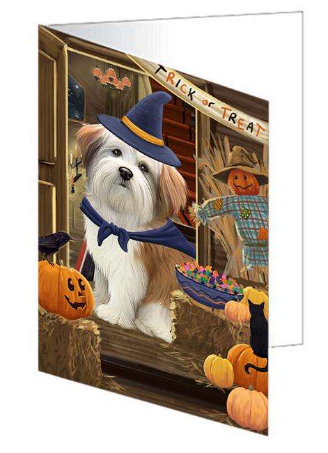 Enter at Own Risk Trick or Treat Halloween Malti Tzu Dog Handmade Artwork Assorted Pets Greeting Cards and Note Cards with Envelopes for All Occasions and Holiday Seasons GCD63611