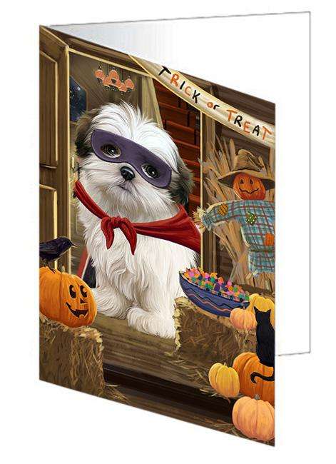 Enter at Own Risk Trick or Treat Halloween Malti Tzu Dog Handmade Artwork Assorted Pets Greeting Cards and Note Cards with Envelopes for All Occasions and Holiday Seasons GCD63614