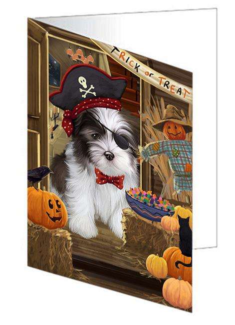 Enter at Own Risk Trick or Treat Halloween Malti Tzu Dog Handmade Artwork Assorted Pets Greeting Cards and Note Cards with Envelopes for All Occasions and Holiday Seasons GCD63617