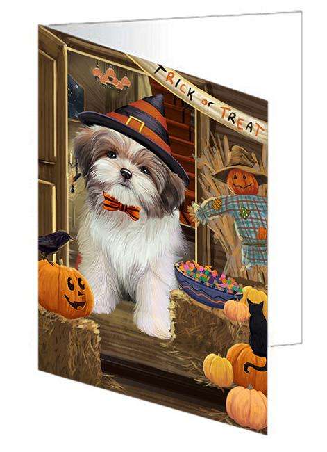Enter at Own Risk Trick or Treat Halloween Malti Tzu Dog Handmade Artwork Assorted Pets Greeting Cards and Note Cards with Envelopes for All Occasions and Holiday Seasons GCD63623