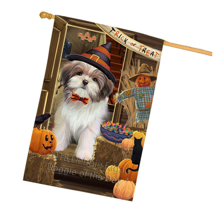 Enter at Own Risk Trick or Treat Halloween Malti Tzu Dog House Flag FLG53396