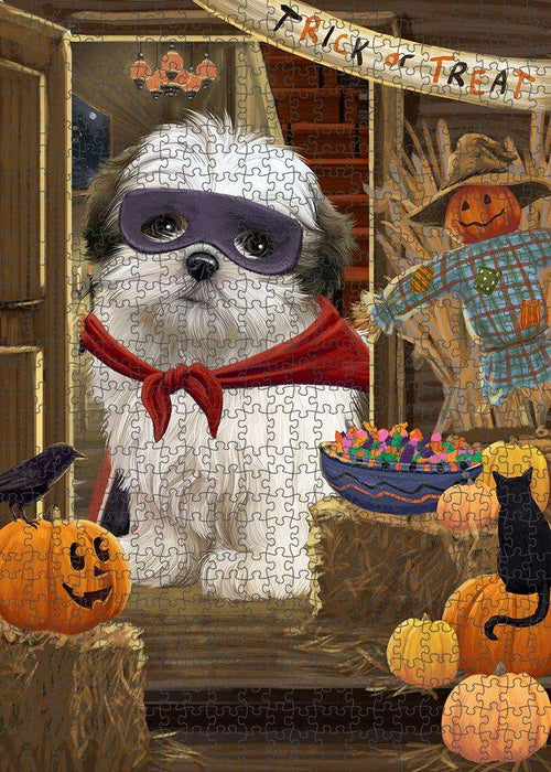 Enter at Own Risk Trick or Treat Halloween Malti Tzu Dog Puzzle with Photo Tin PUZL79936