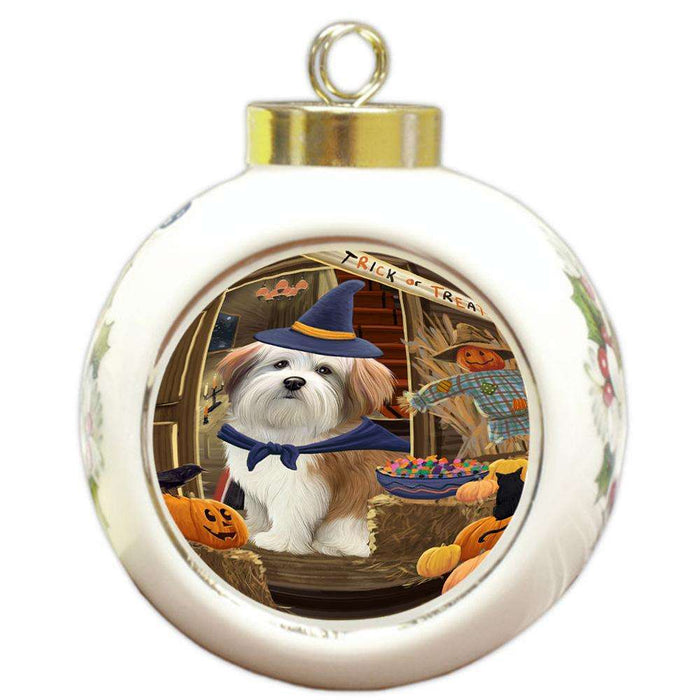 Enter at Own Risk Trick or Treat Halloween Malti Tzu Dog Round Ball Christmas Ornament RBPOR53194