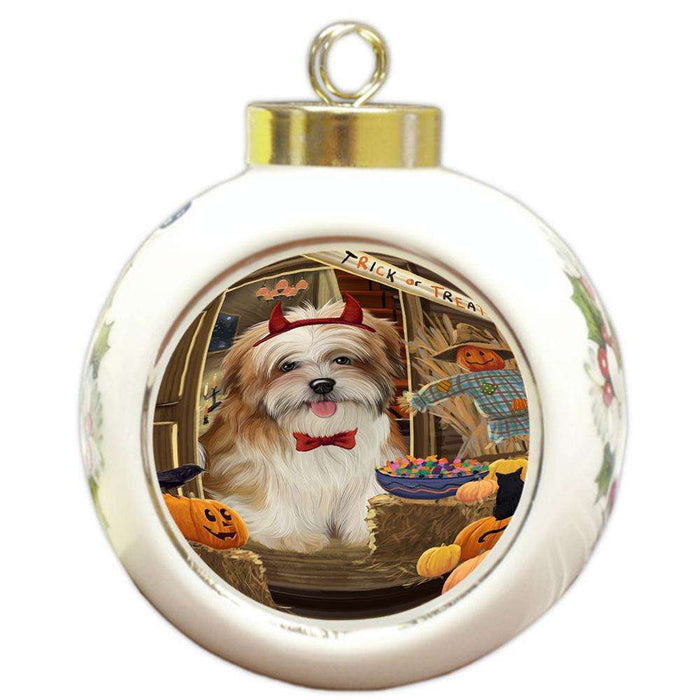 Enter at Own Risk Trick or Treat Halloween Malti Tzu Dog Round Ball Christmas Ornament RBPOR53197