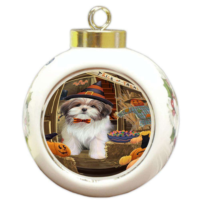 Enter at Own Risk Trick or Treat Halloween Malti Tzu Dog Round Ball Christmas Ornament RBPOR53198
