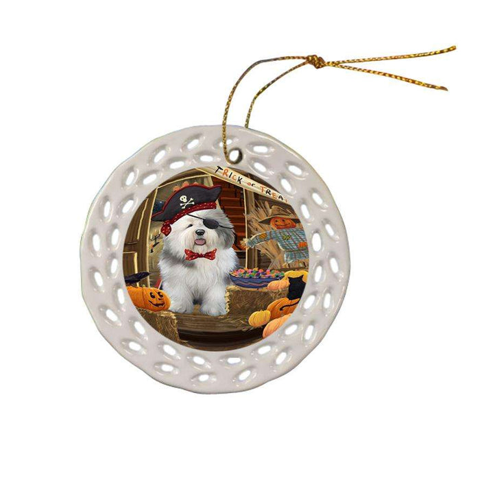 Enter at Own Risk Trick or Treat Halloween Old English Sheepdog Ceramic Doily Ornament DPOR53201