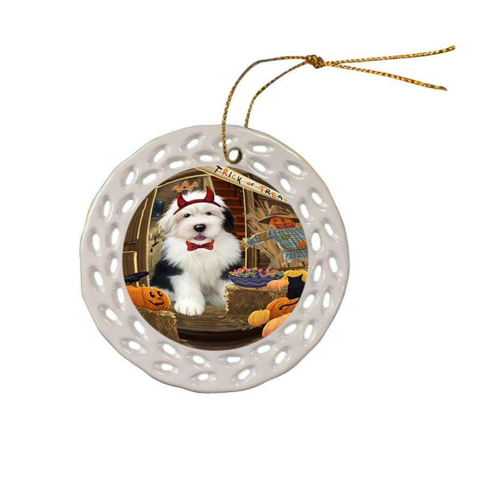 Enter at Own Risk Trick or Treat Halloween Old English Sheepdog Ceramic Doily Ornament DPOR53202